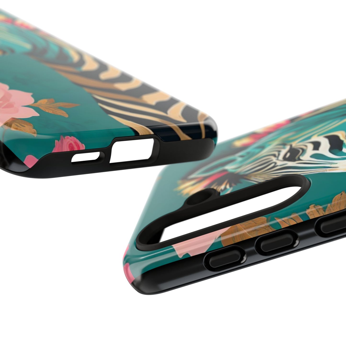 Phone Case - Elegant Teal & Gold Zebra & Roses Design