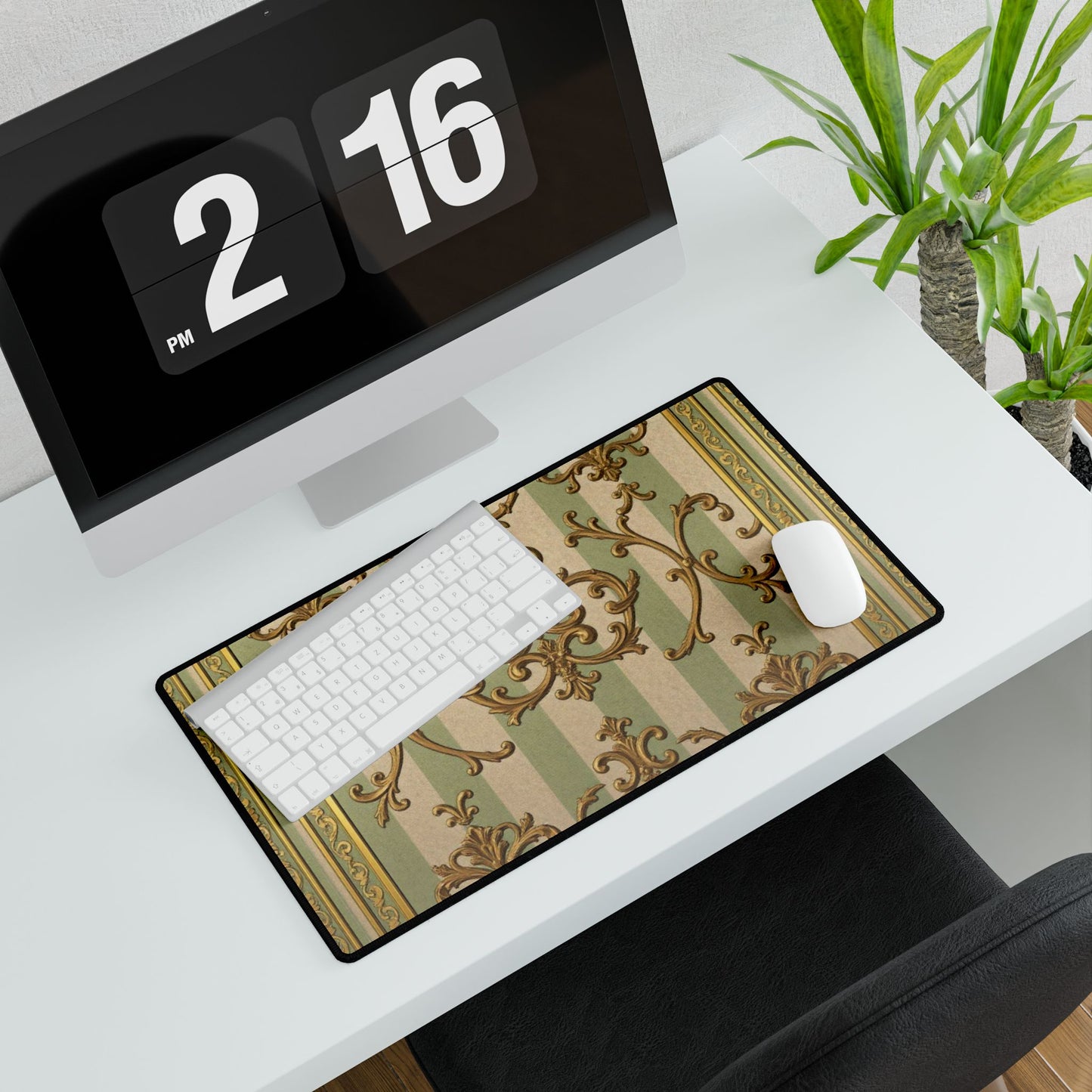 Elegant Vintage Desk Mat, Luxurious Desk Pad for Home Office, Stylish Keyboard Mat, Computer Mouse Pad - Mint Green & Beige Striped Gold Baroque