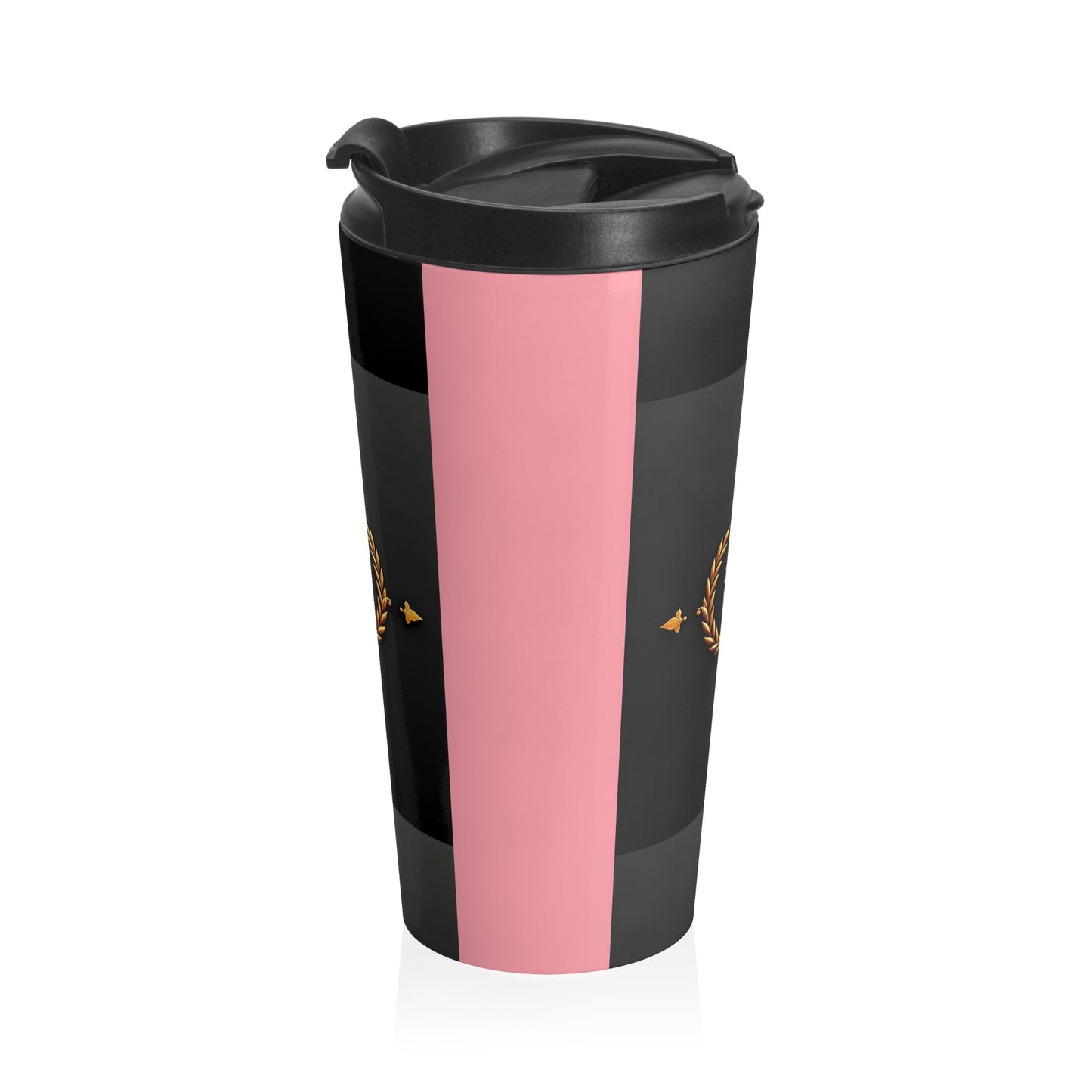 Royal Emblem Stainless Steel Travel Mug | Elegant Coffee Cup for Commuters, Durable Travel Accessory, Perfect Gift for Her - Pink Striped Gold Crest