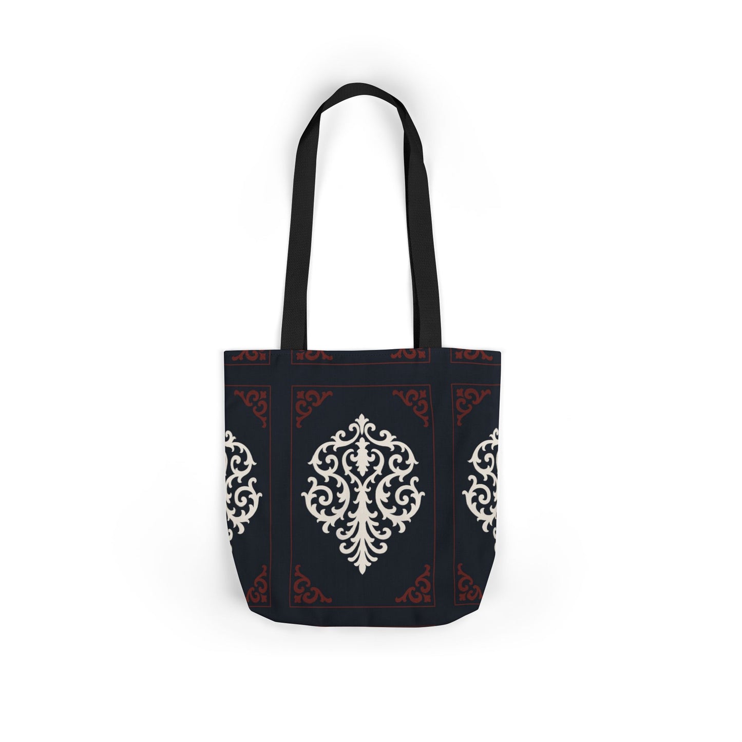 Dusk Blue-Maroon & White Baroque Pattern Canvas Tote Bag — Elegant Dusk Blue & White Reusable Market Bag