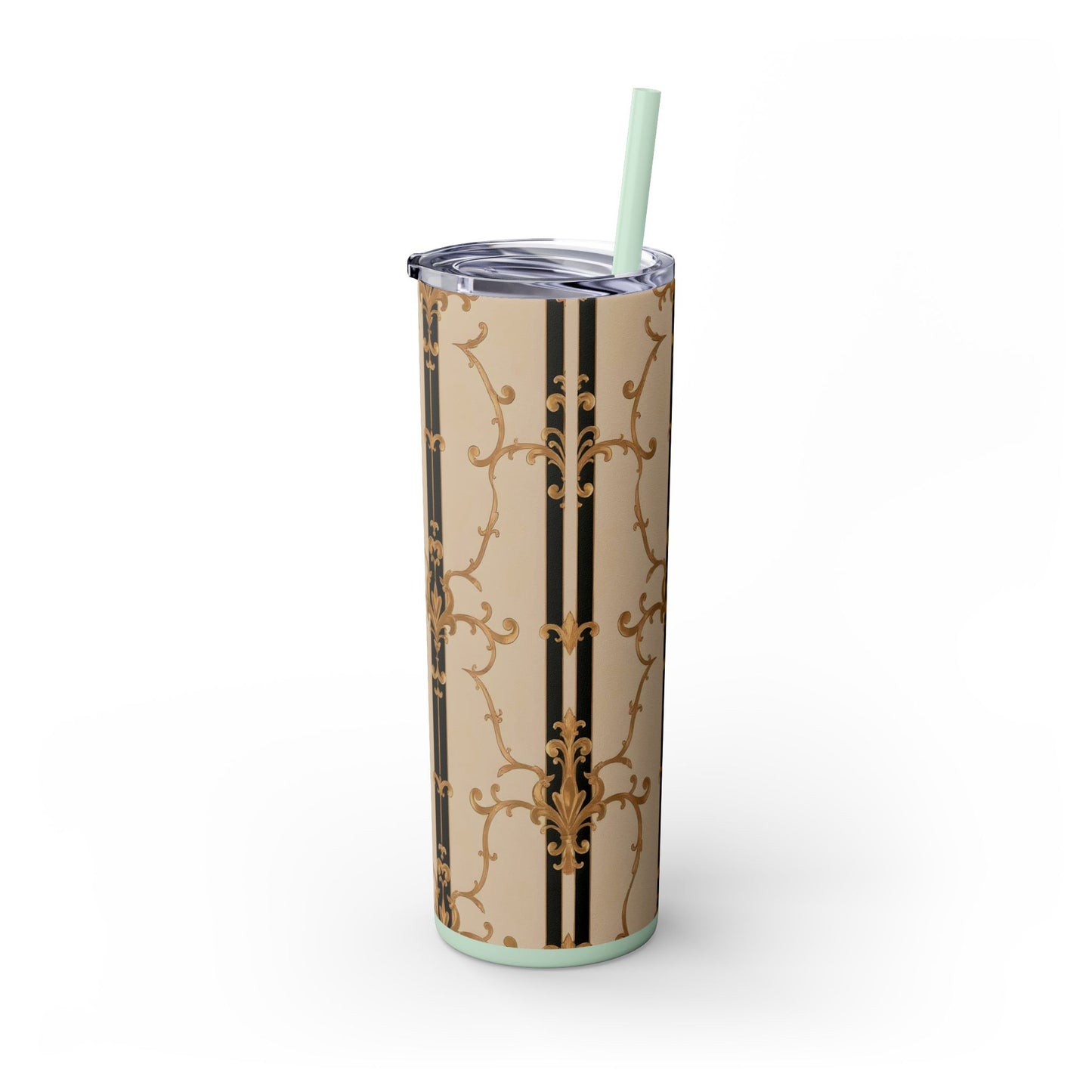 Elegant Gold Patterned Skinny Tumbler with Straw, 20oz | Stylish Travel Mug, Gift for Her, Fancy Drinkware - Black & Beige Striped Damask