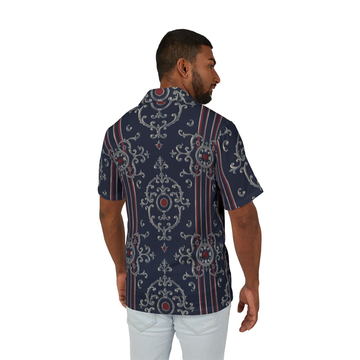 Stylish Men's Hawaiian Camp Shirt, Summer Shirt, Vacation Wear, Casual Fashion, Beach Party Attire - Blue & Red Striped Silver Baroque