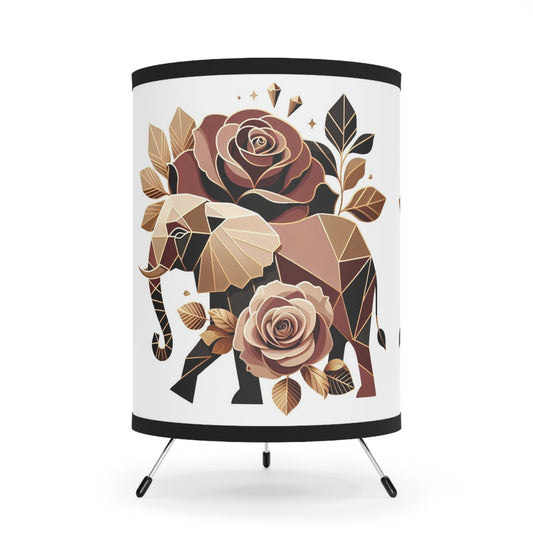 Boho Elephant Tripod Lamp with Floral Design - High-Res Printed Shade - Brown & Gold Elephant & Roses Design