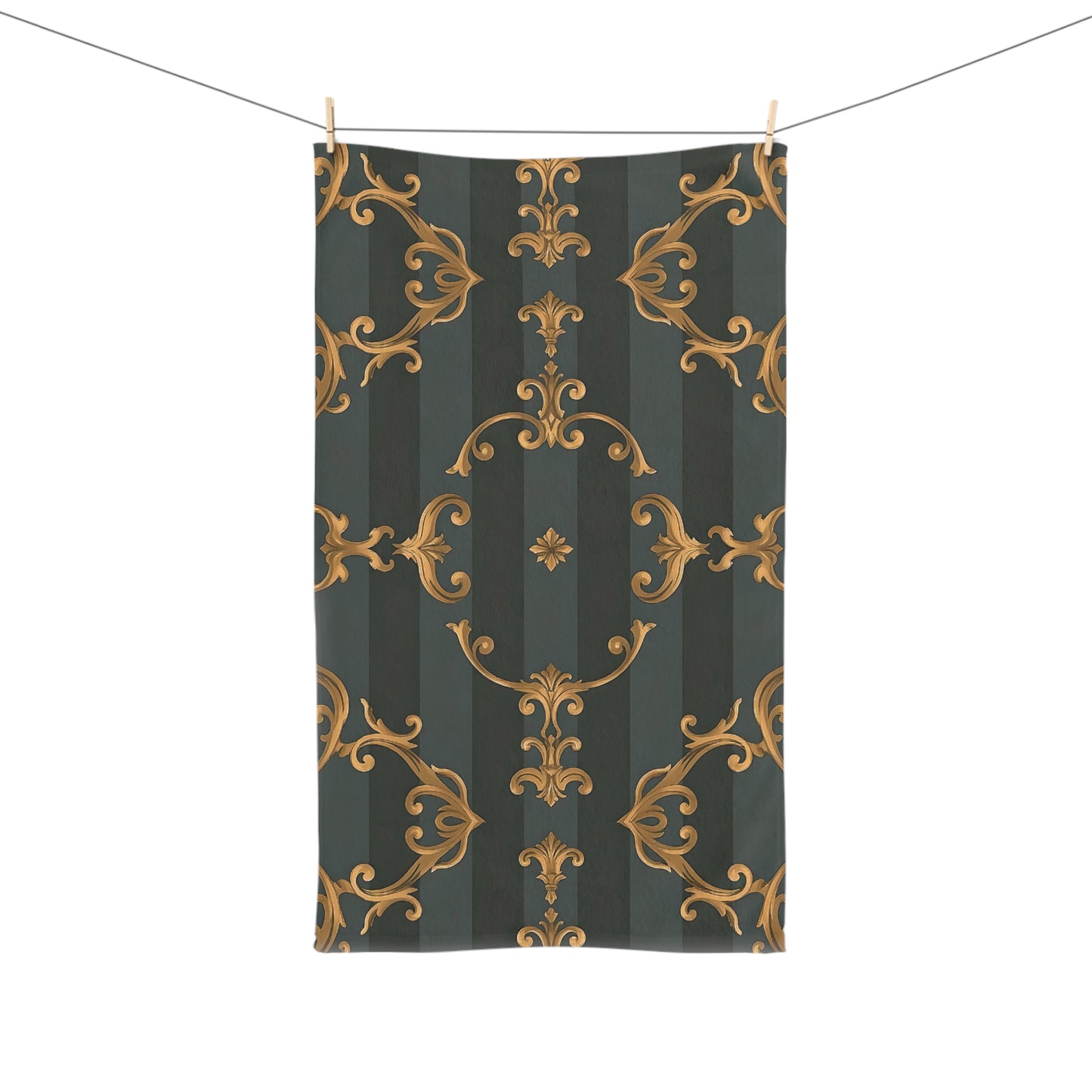 Elegant Ornate Hand Towel - Luxe Bathroom Decor - Gray Striped Baroque