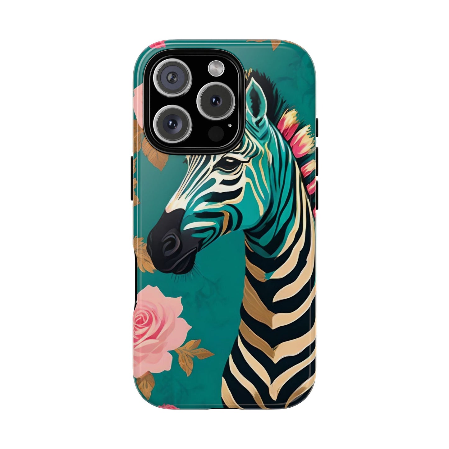 Phone Case - Elegant Teal & Gold Zebra & Roses Design