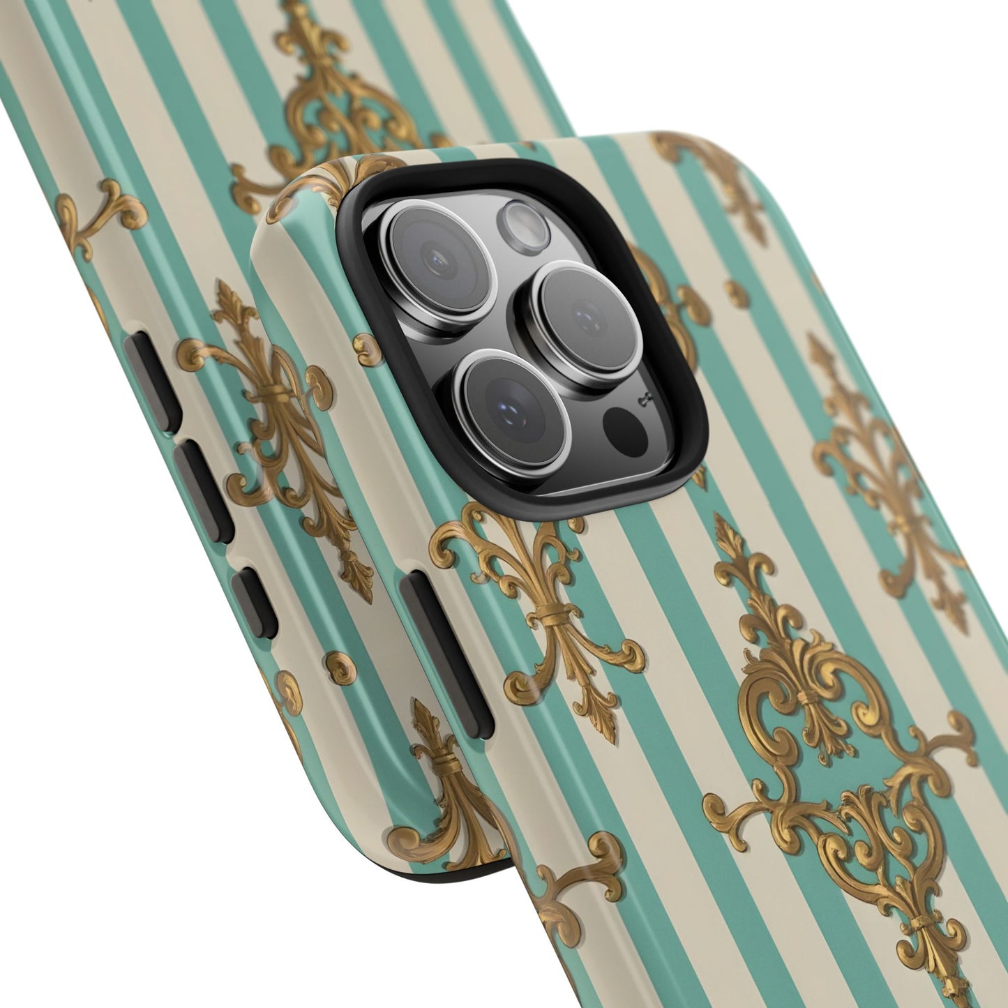 Elegant Striped Phone Case with Vintage Design, Tough Phone Cover, Stylish Smartphone Case - Matte Green Striped Rococo