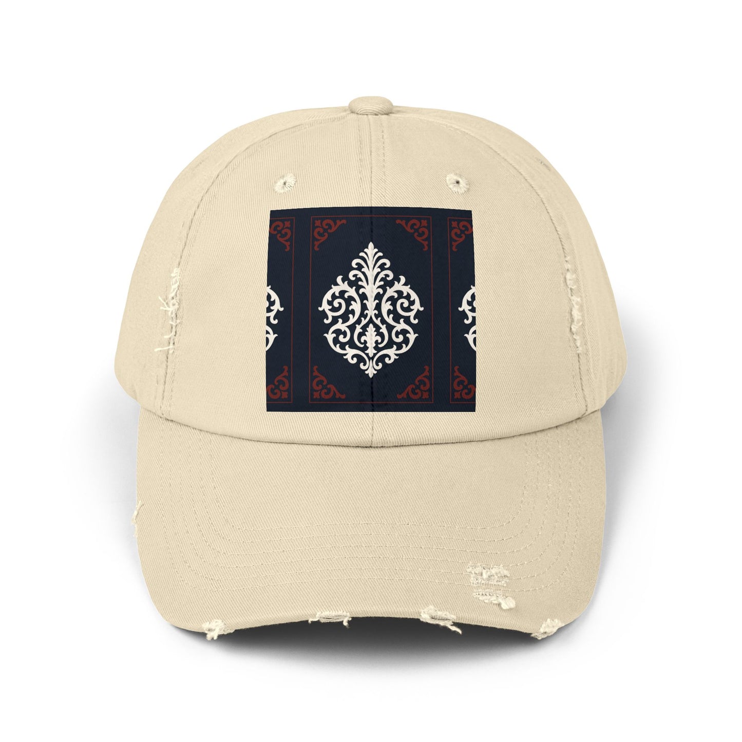 Dusk Blue & Maroon-White Baroque Distressed Cap with Ornamental Medallion Patch