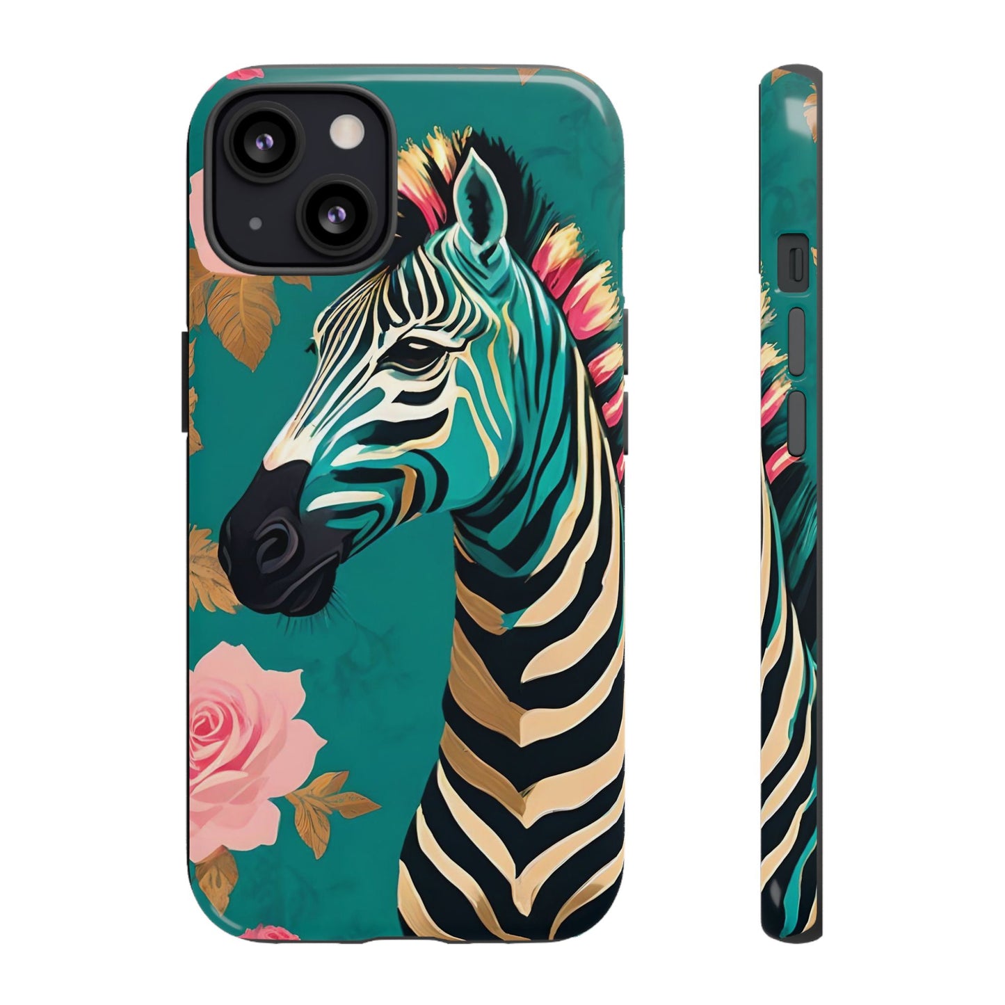 Phone Case - Elegant Teal & Gold Zebra & Roses Design