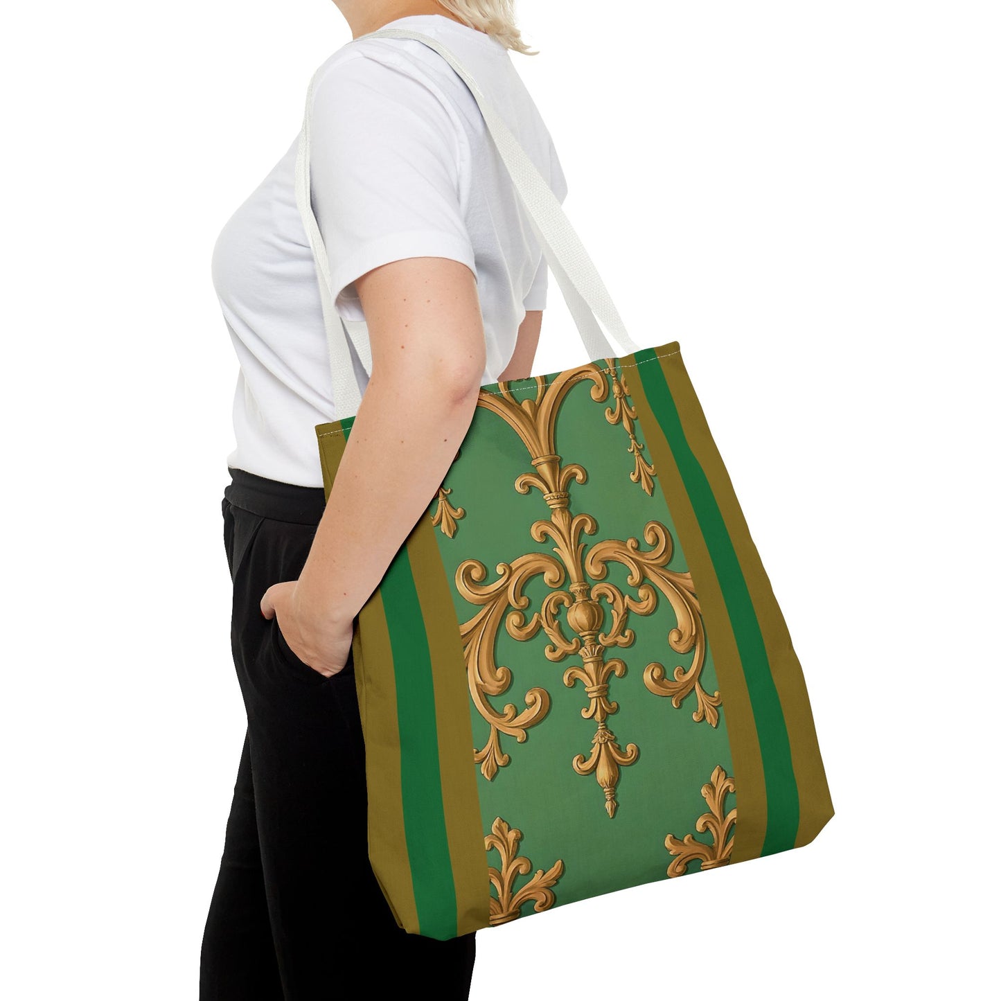 Ornate Floral Tote Bag, Chic Shopping Bag, Fashionable Eco Tote, Stylish Gift for Her, Versatile Everyday Use - Olive Green Striped Rococo