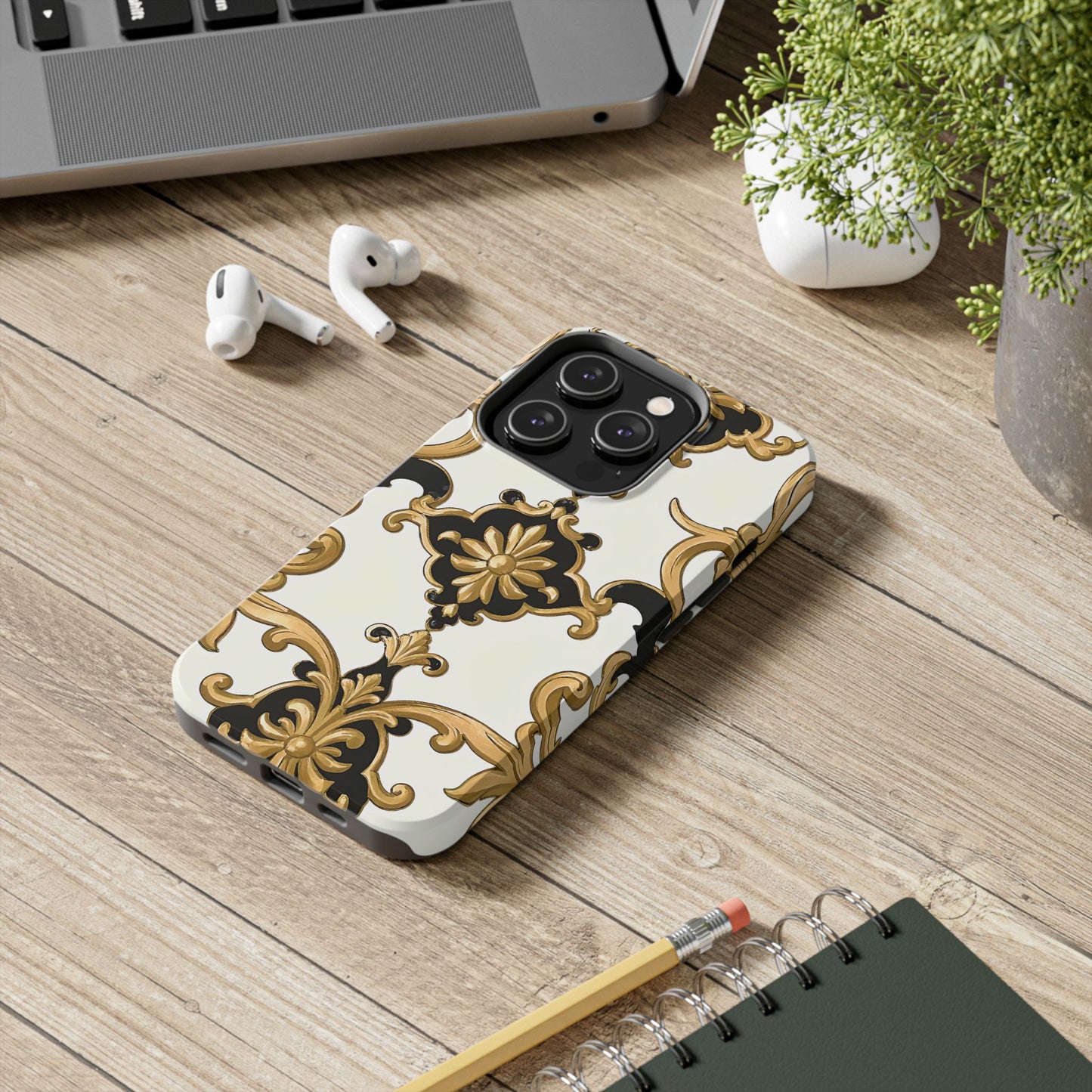 Elegant Floral Tough Phone Cases, Durable Phone Cover, Stylish Phone Accessories, Gift for Her, Chic Phone Cases - Black & Gold Rococo