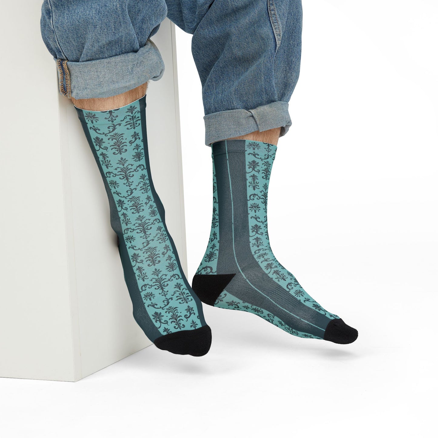 Stylish Sublimation Crew Socks - Trendy, Unique Gift, Personalized Fashion, Cozy Homewear, Sock Lovers, Perfect for Holidays - Teal Striped Rococo