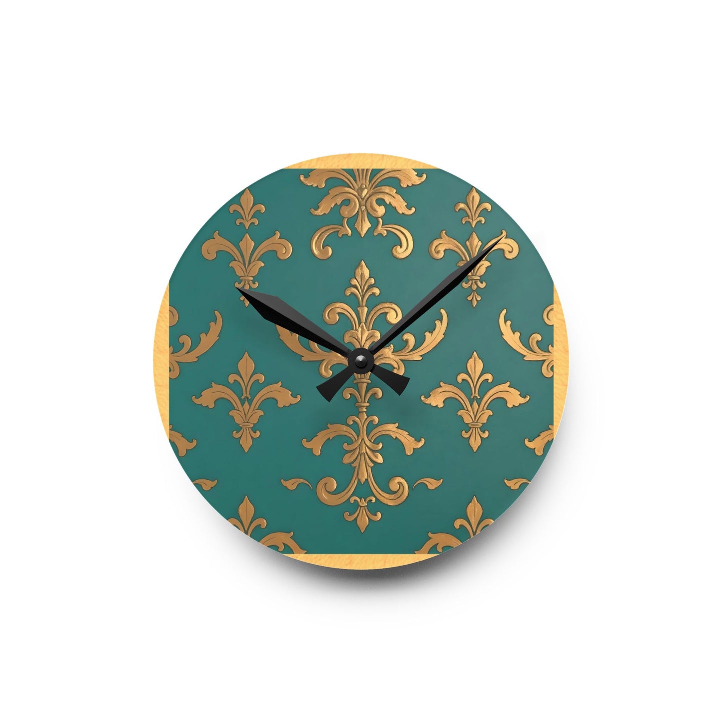 Bohemian Damask-Inspired Acrylic Wall Clock with Floral Design -  Aqua & Gold Design