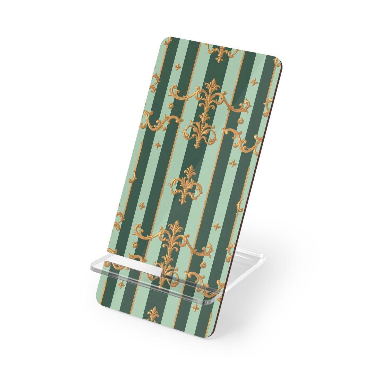 Elegant Smartphone Stand, Decorative Phone Holder, Desk Organizer, Gift for Tech Lovers - Mint Green & Teal Striped Gold Baroque