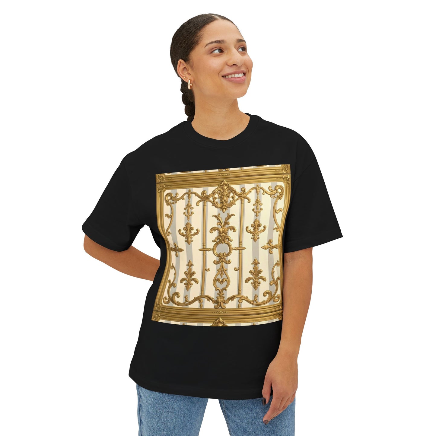 Golden Art Unisex Oversized Tee, Graphic Tee, Trendy Streetwear, Casual Shirt - Matte Gray & Cream Striped Gold Baroque
