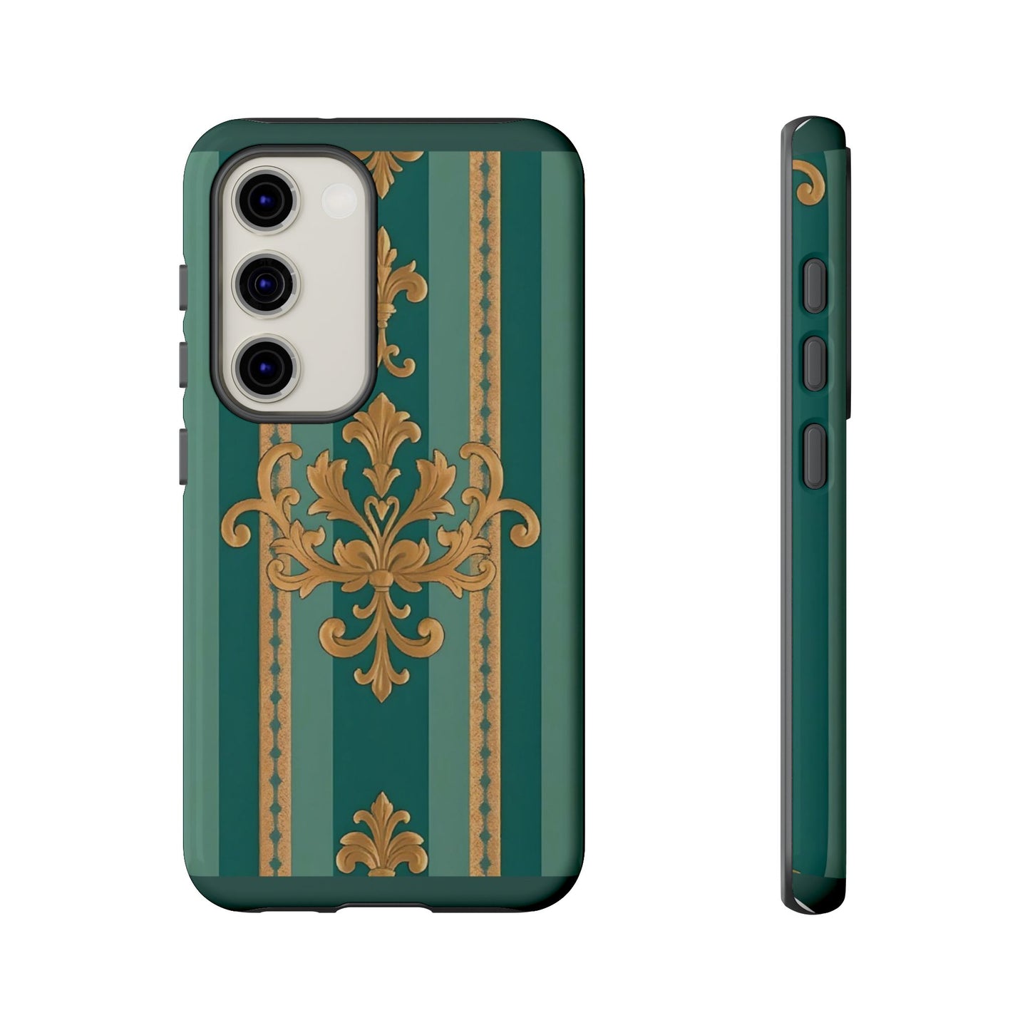 Elegant Floral Motif Phone Case - Tough Cases with Vintage Design - Teal Striped Gold Damask