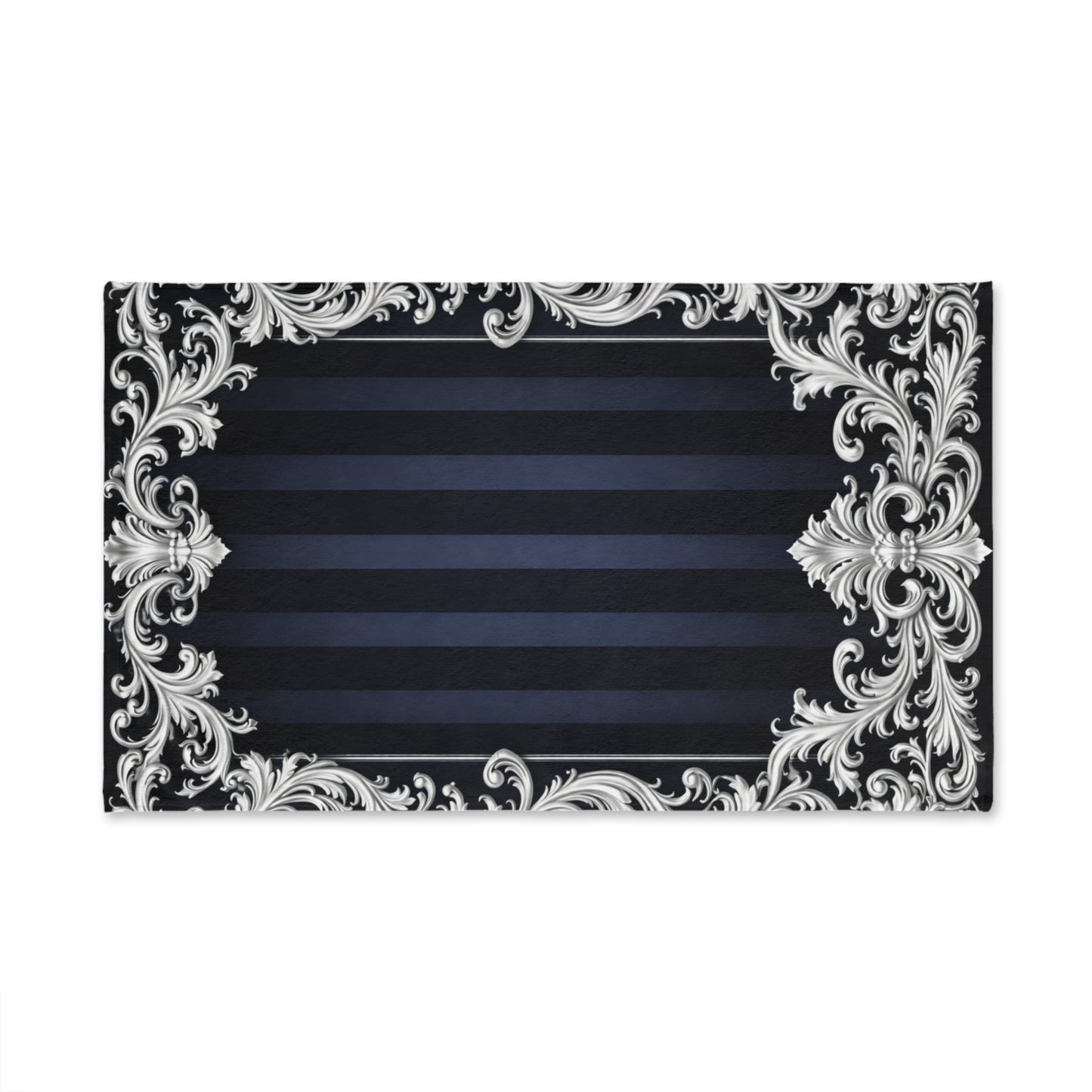 Navy Stripes & Baroque Hand Towel — Navy Ornate Decorative Towel