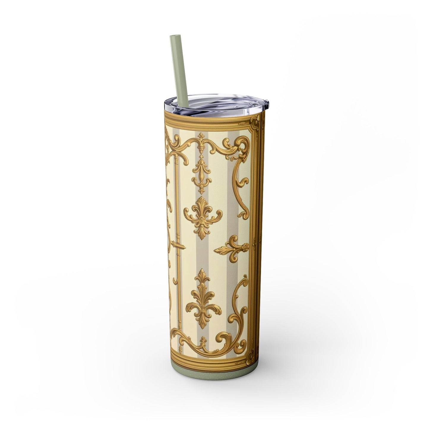 Elegant Vintage Skinny Tumbler with Straw, 20oz - Golden Baroque Design for Weddings, Parties - Matte Gray & Cream Striped Gold Baroque