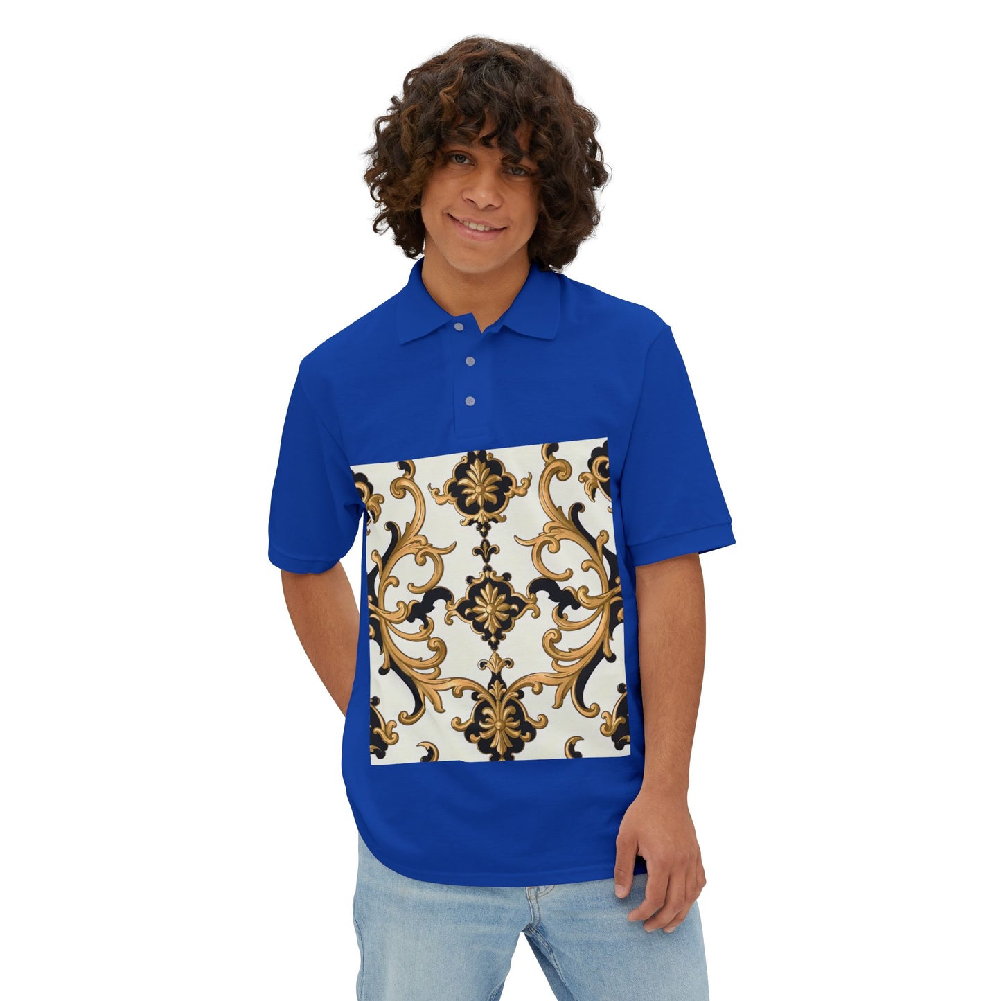 Stylish Men's Piqué Polo Shirt with Elegant Design - Perfect for Casual Events, Golf, Summer Days, Gifts - Black & Gold Rococo