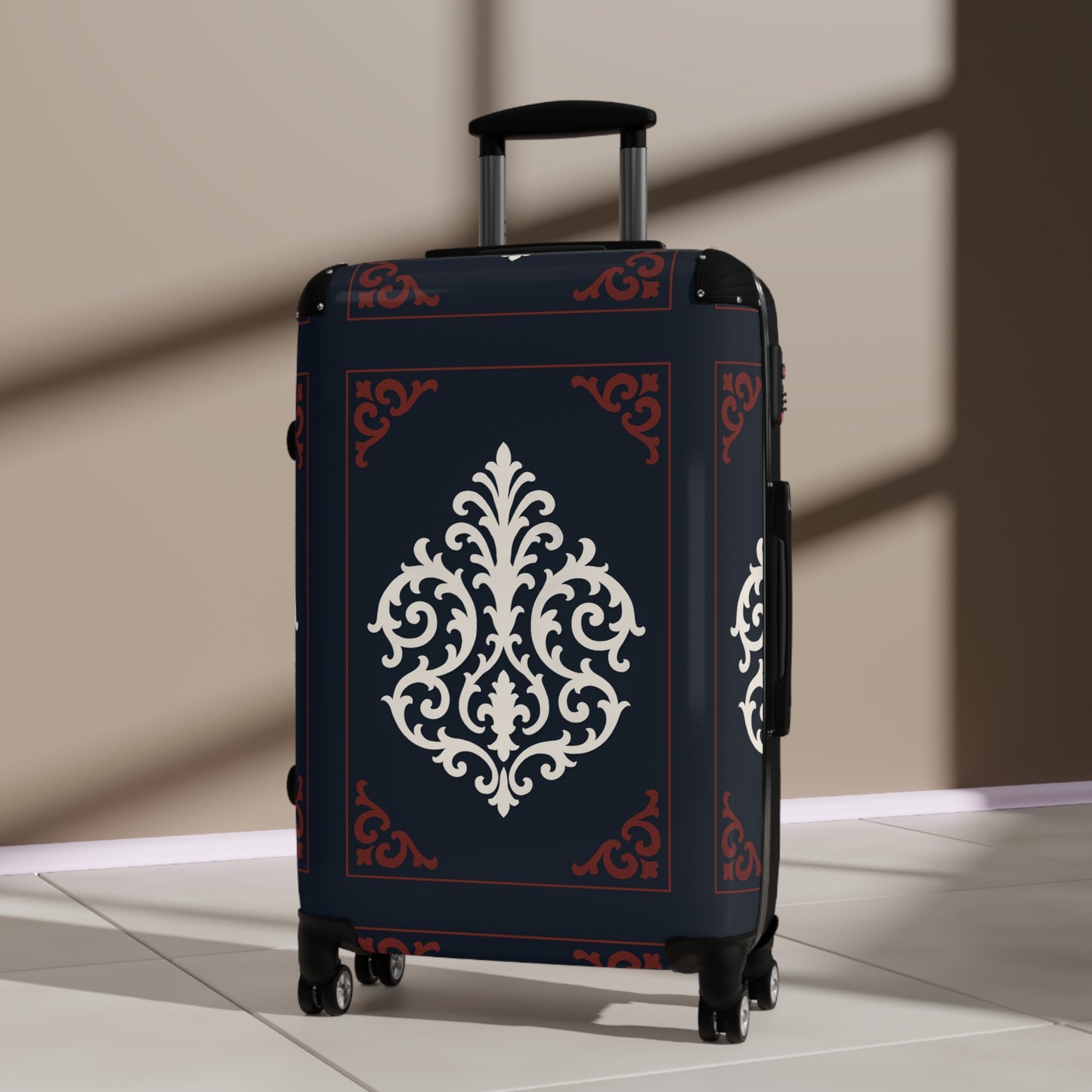 Dusk Blue-Maroon & White Baroque Carry-On Suitcase — Elegant Travel Luggage with Vintage White Medallion