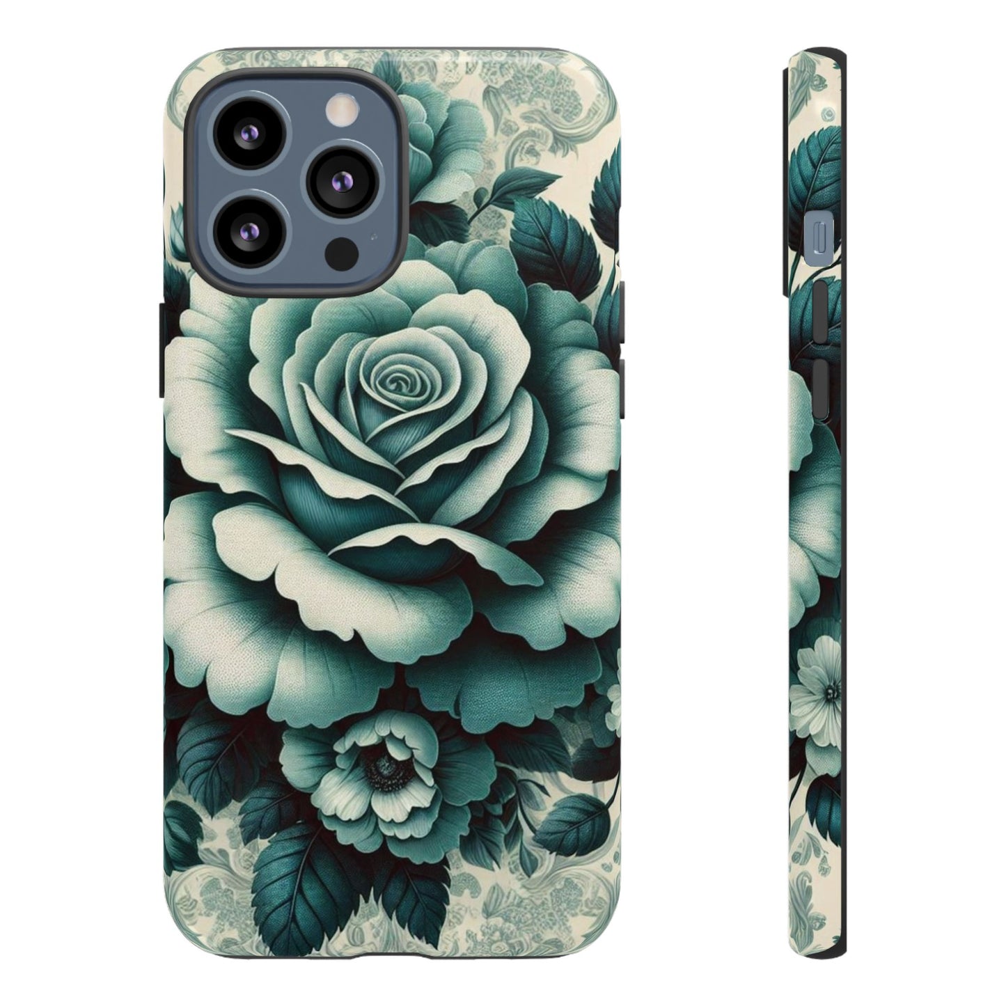 Elegant Floral Motif Phone Case - Tough Cases with Vintage Design - Teal Roses & Damask