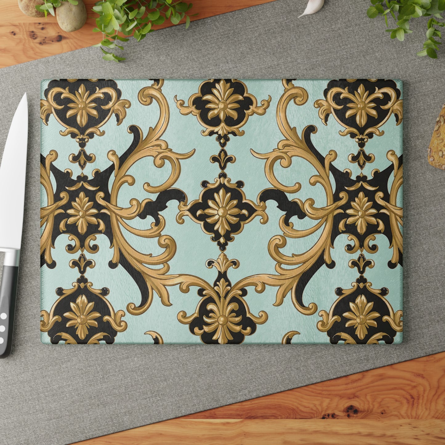 Elegant Kitchen Glass Cutting Board - Decorative Cooking Gift, Home Decor, Wedding Present, Culinary Art, Housewarming Gift - Black & Gold Rococo