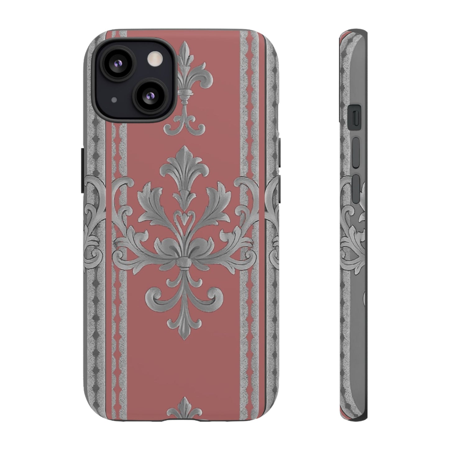 Elegant Floral Phone Case - Tough Cases for Stylish Protection - Gray & Mauve Striped Baroque