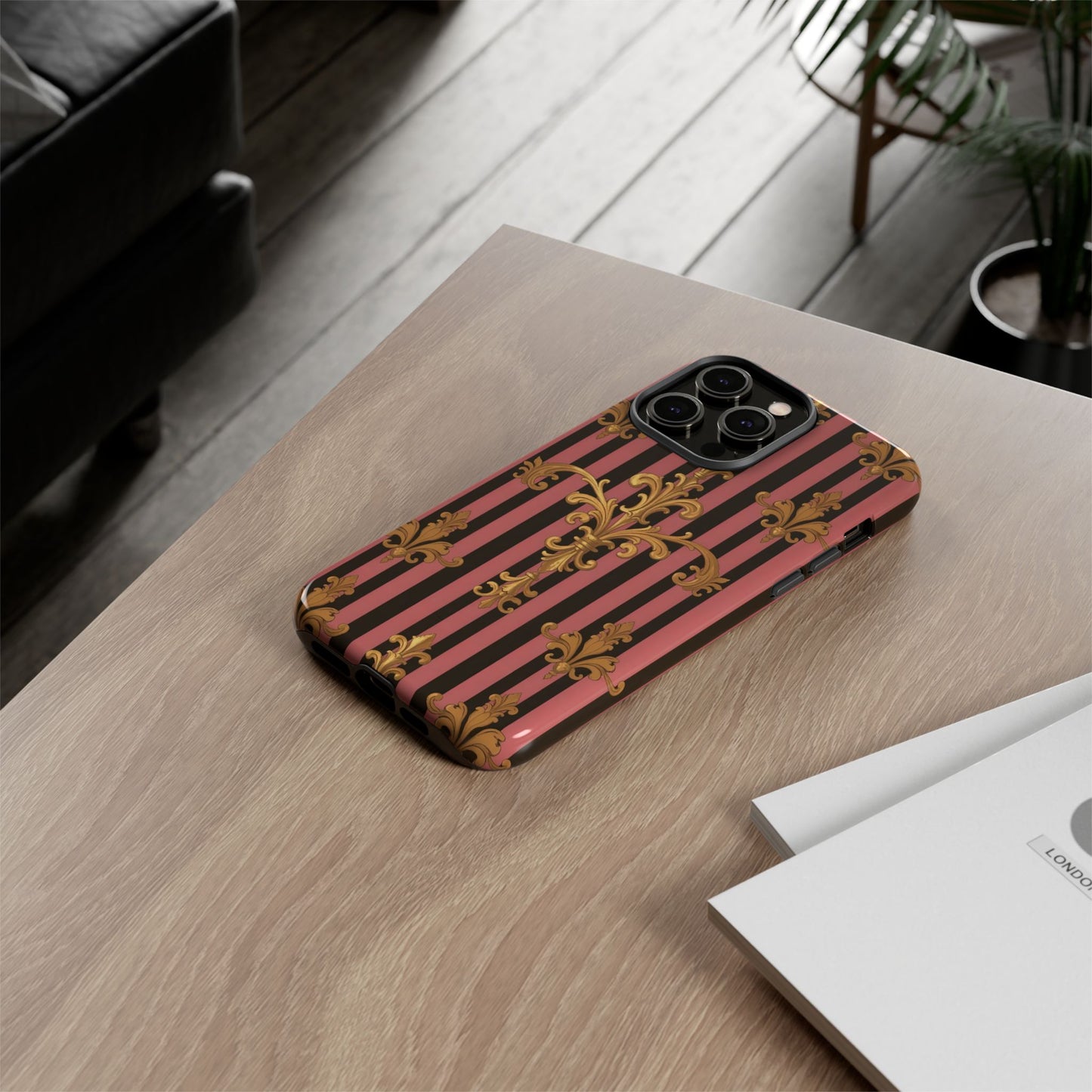 Elegant Floral Motif Phone Case - Tough Cases with Vintage Design - Mauve Striped Gold Damask