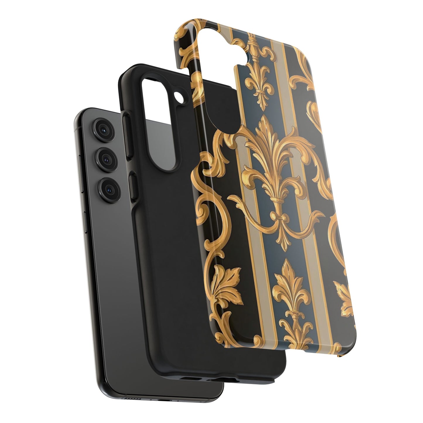 Elegant Rococo Phone Cases, Tough iPhone Case, Floral Design Case, Luxury Phone Cover - Blue & Black Striped Rococo