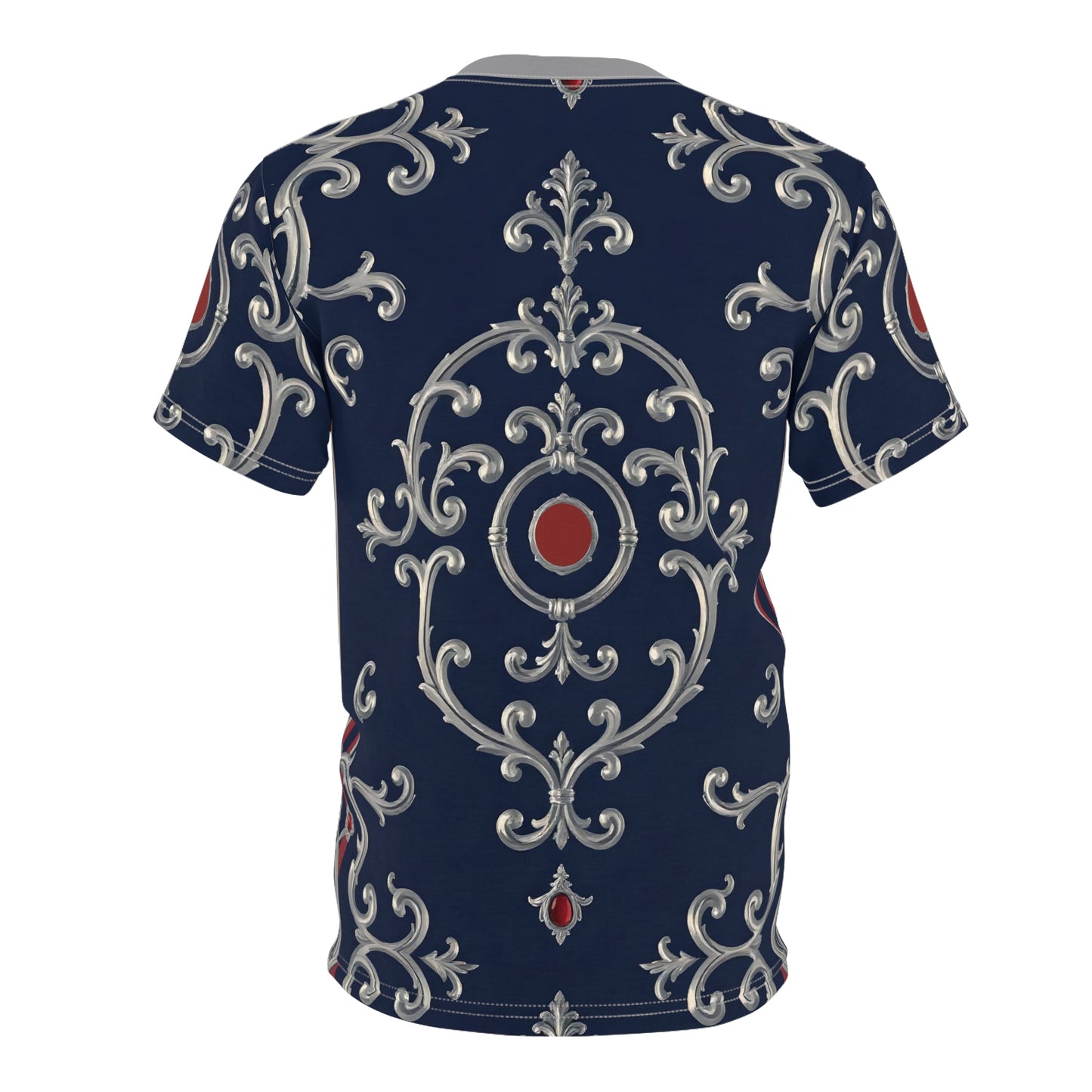 Elegant Unisex Cut & Sew Tee, Stylish AOP T-Shirt for Casual Wear, Unique Graphic Tee - Blue & Red Striped Silver Baroque