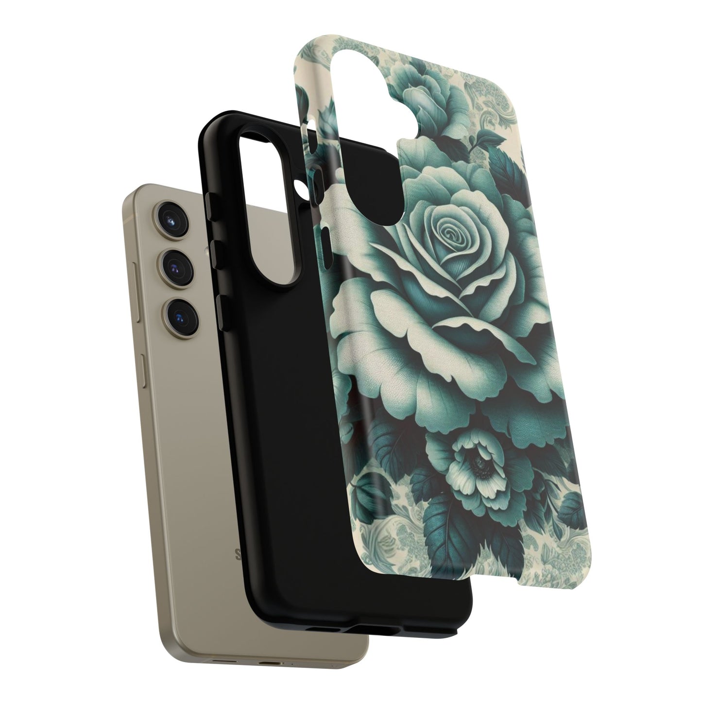 Elegant Floral Motif Phone Case - Tough Cases with Vintage Design - Teal Roses & Damask