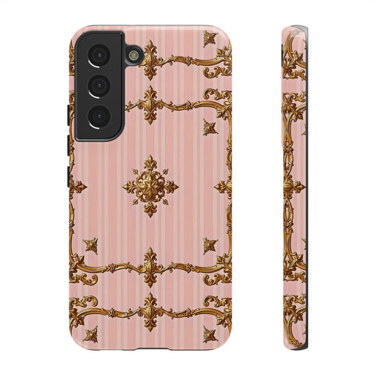 Elegant Floral Phone Case, Tough Cases for Women, Trendy Phone Cover, Chic Gift - Pink Striped Gold Baroque