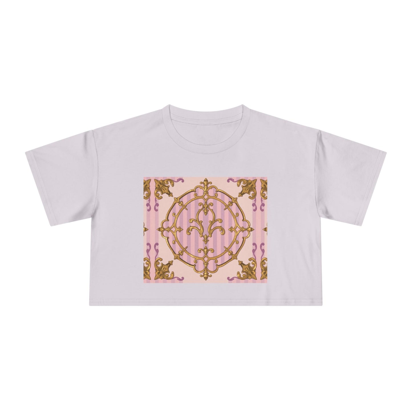 Chic Women's Crop Tee with Elegant Lavender & Alabaster Striped Gold Baroque Print - Perfect for Fashionistas, Festivals, Gifts, Summer Wear