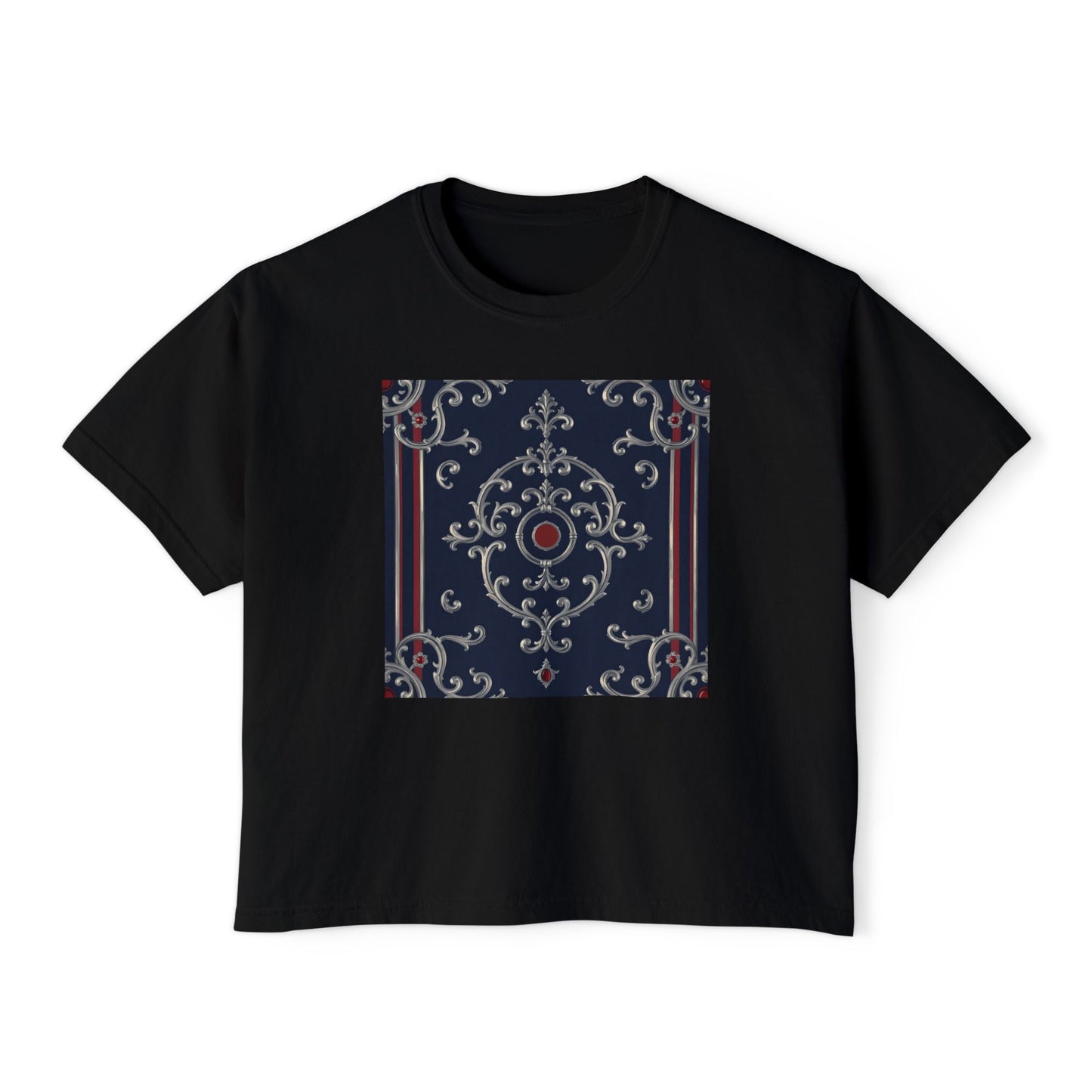 Chic Women's Boxy Tee with Vintage-Inspired Design, Casual Top, Everyday Wear, Gift for Her - Blue & Red Striped Silver Baroque