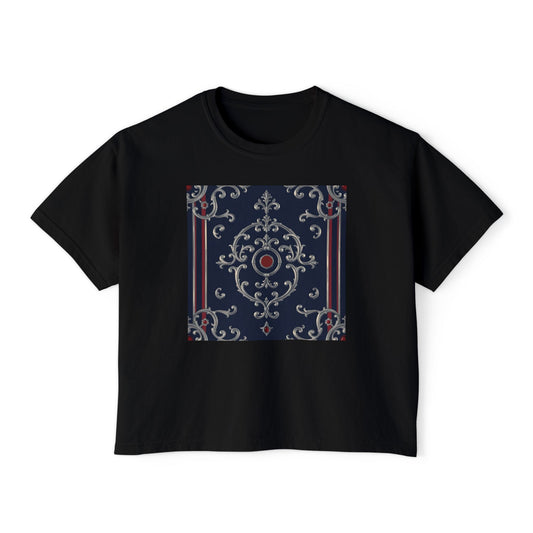 Chic Women's Boxy Tee with Vintage-Inspired Design, Casual Top, Everyday Wear, Gift for Her - Blue & Red Striped Silver Baroque
