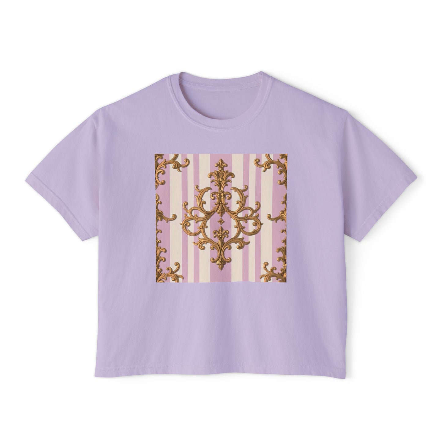 Chic Baroque Women's Boxy Tee, Stylish Cropped T-Shirt, Casual Top, Summer Boxy Tee, Baroque Print Shirt - Lilac & Alabaster Striped Gold Baroque