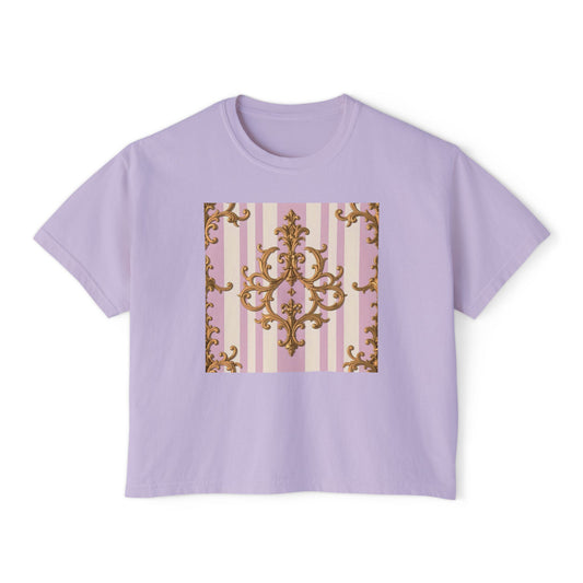 Chic Baroque Women's Boxy Tee, Stylish Cropped T-Shirt, Casual Top, Summer Boxy Tee, Baroque Print Shirt - Lilac & Alabaster Striped Gold Baroque