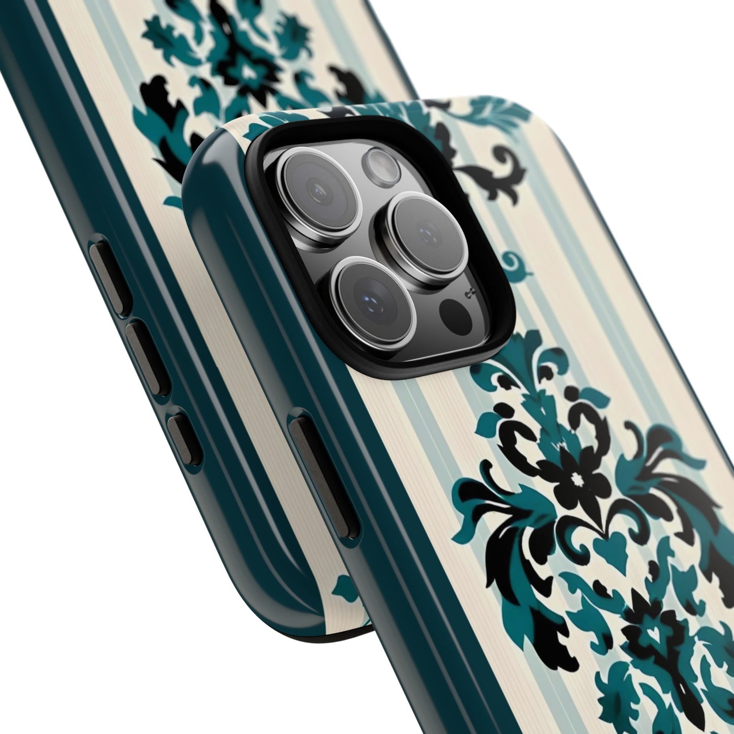 Elegant Floral Phone Case - Tough Cases with Vintage Design - Teal Striped Damask