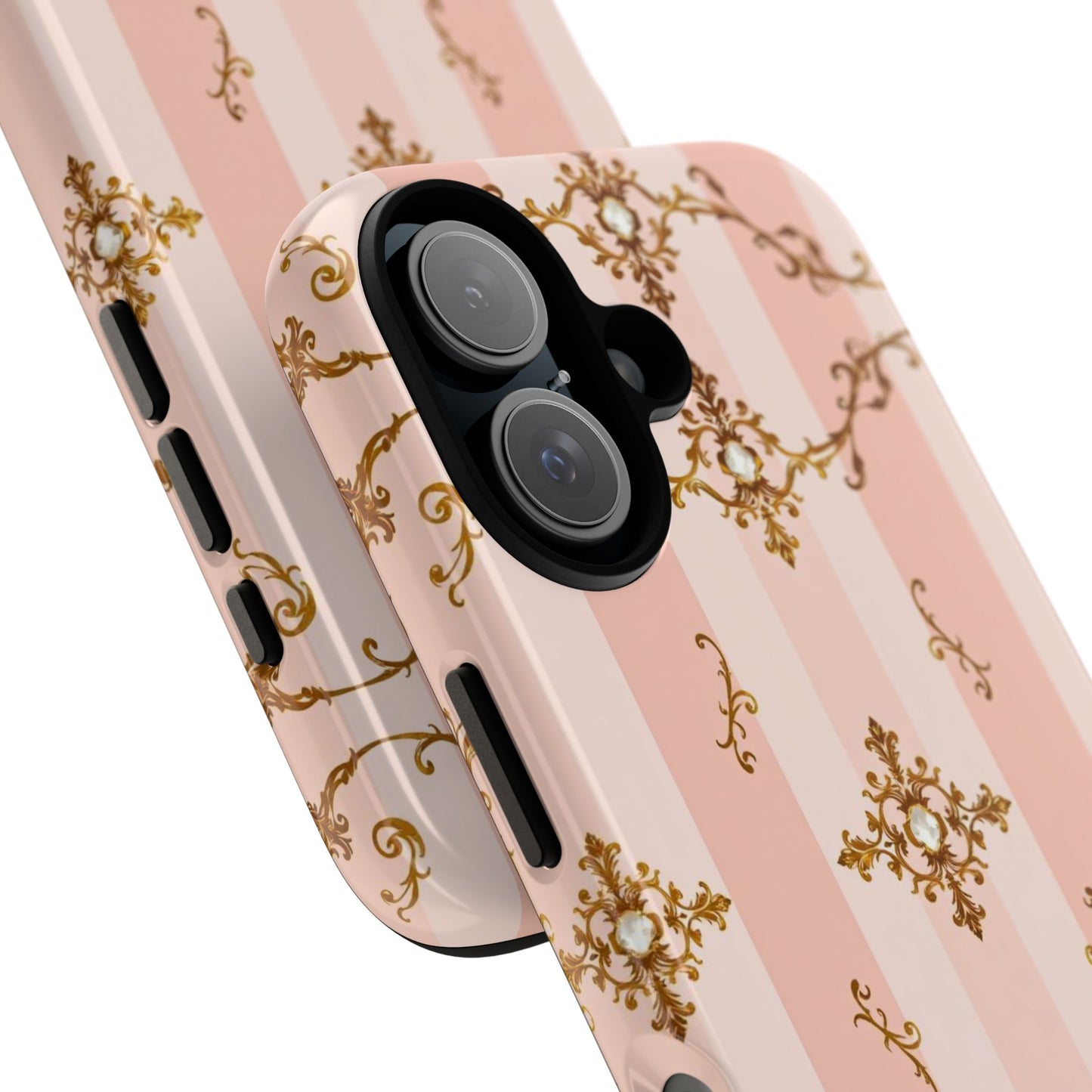 Elegant Floral Phone Case, Tough Cases for Women, Trendy Phone Cover, Chic Gift - Pink Jeweled Striped Gold Baroque