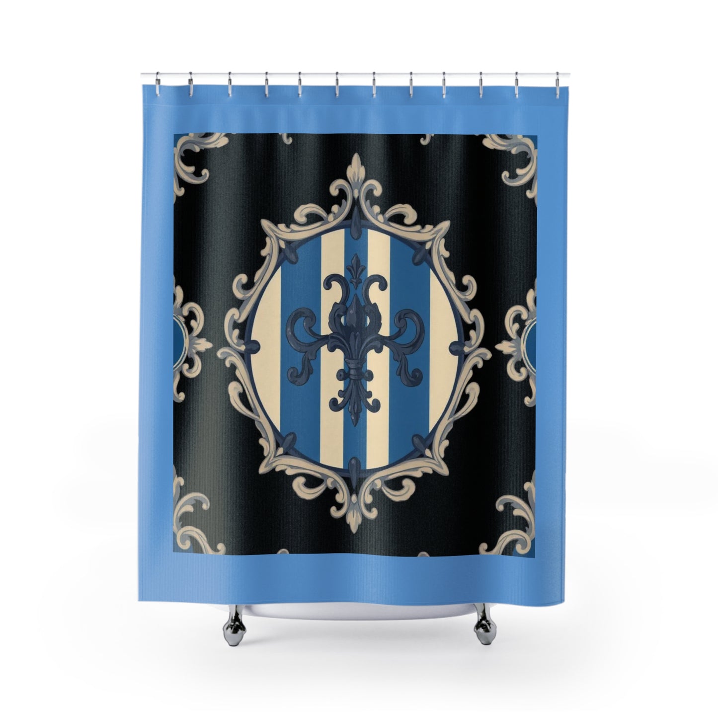 Elegant Blue & Alabaster Striped Baroque Shower Curtains with Ornate Design, Bathroom Decor, Gift for Housewarming