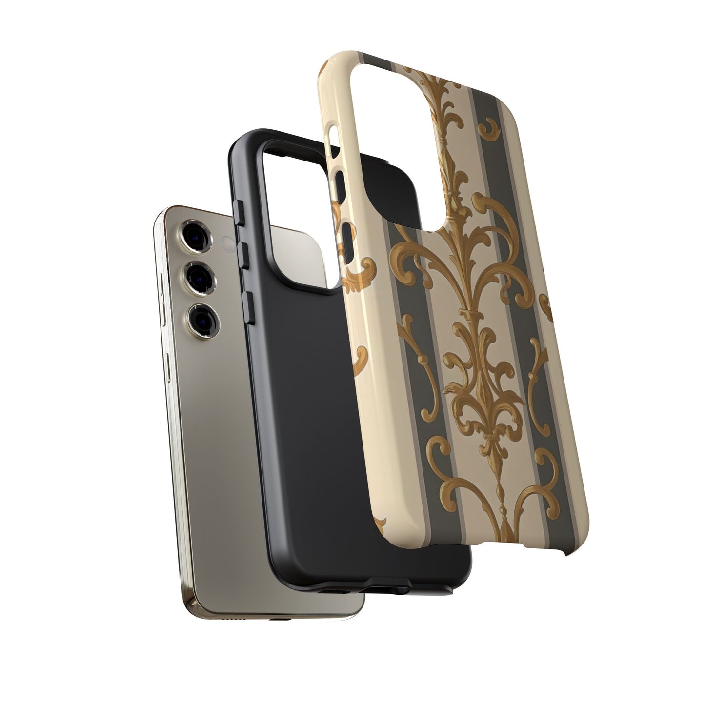 Elegant Floral Motif Phone Case - Tough Cases with Vintage Design - Dusk Olive Striped Gold Damask