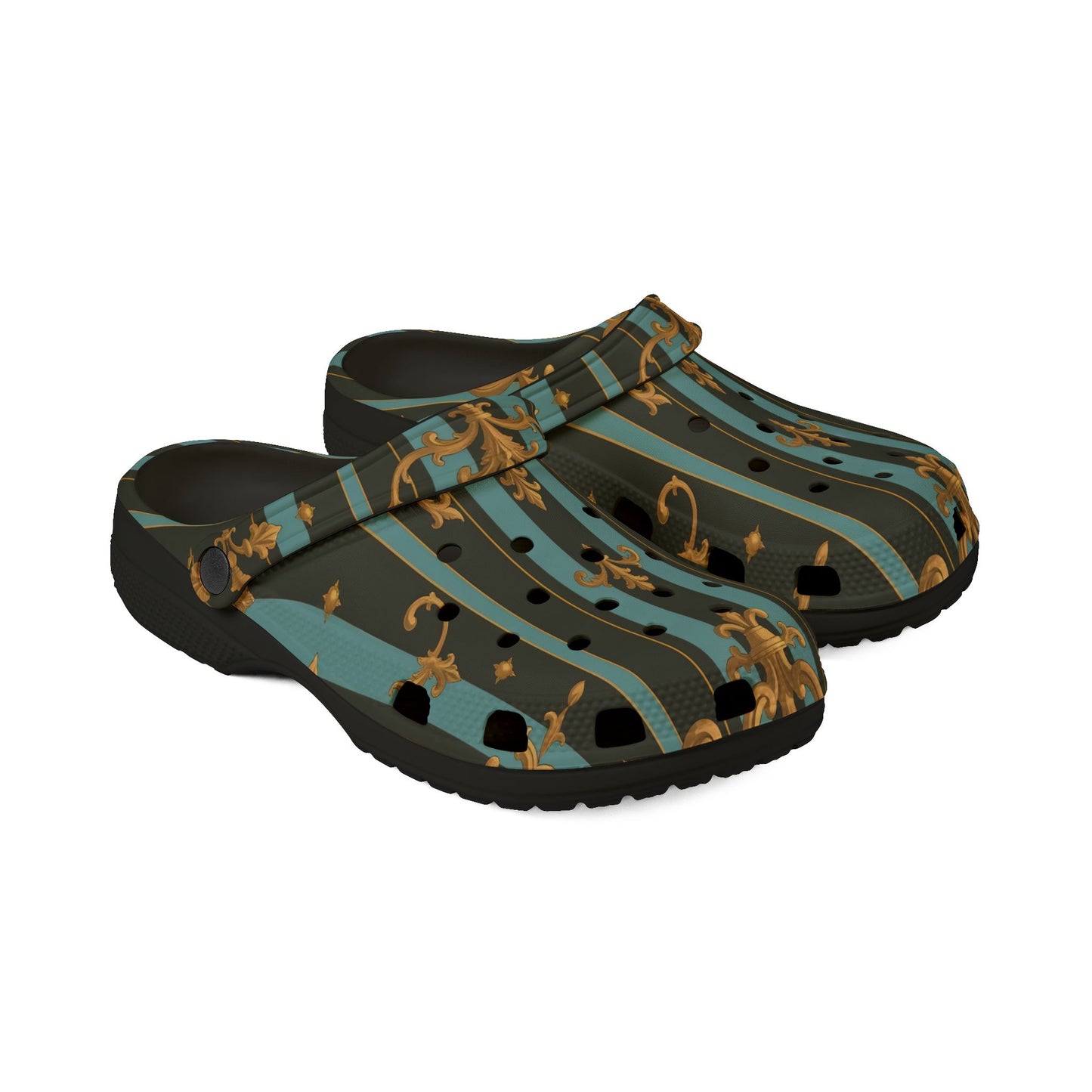 Chic EVA Foam Slippers - Stylish Comfort for Home, Casual Outings, Gardening, Parties, and Spa Days - Black & Turquoise Striped Baroque