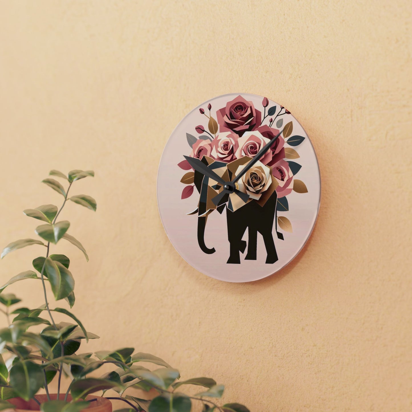 Bohemian Elephant-Inspired Acrylic Wall Clock with Floral Design -  Black & Gold Elephant & Roses Design