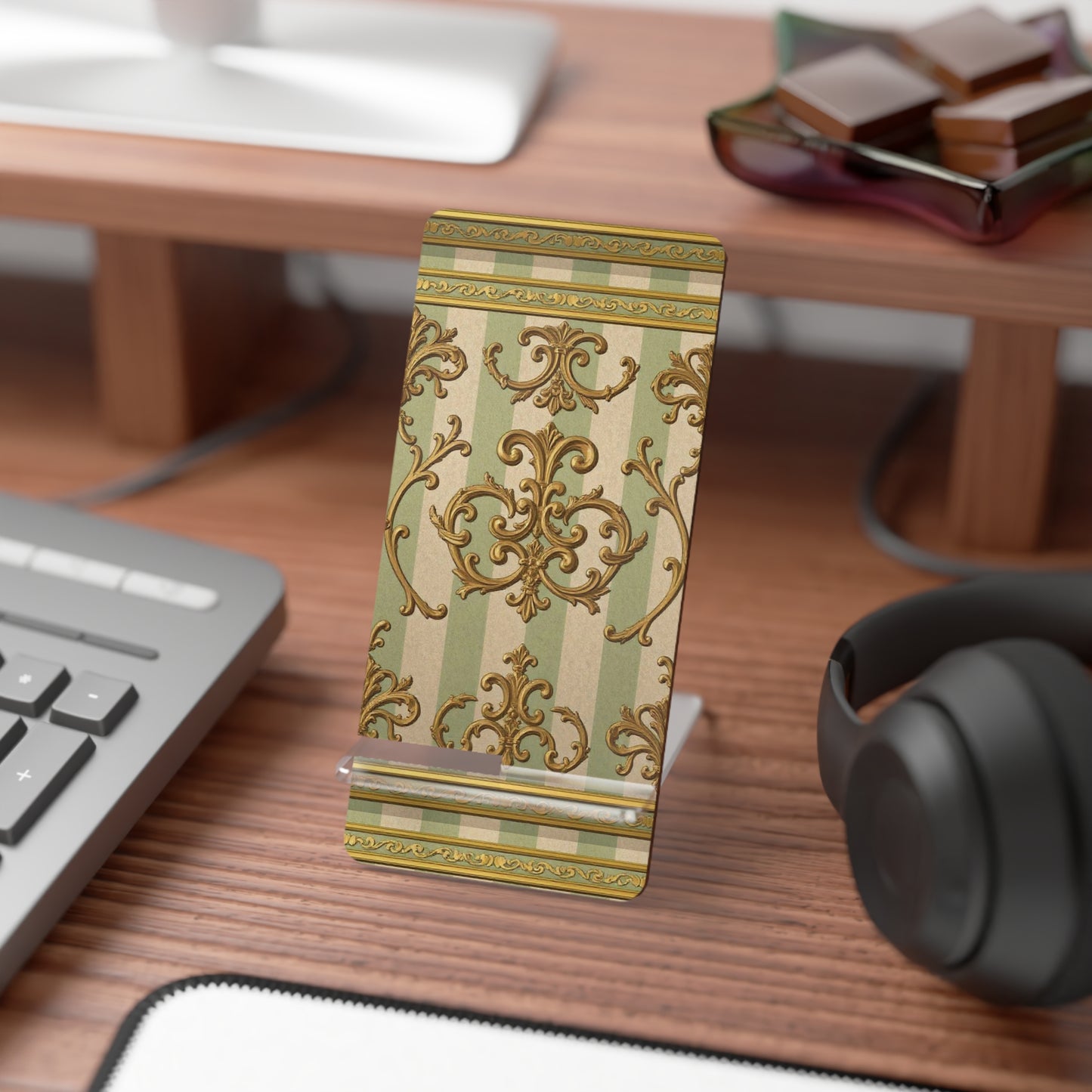 Elegant Phone Stand, Decorative Mobile Display, Smartphone Holder, Stylish Desk Accessory - Mint Green & Beige Striped Gold Baroque