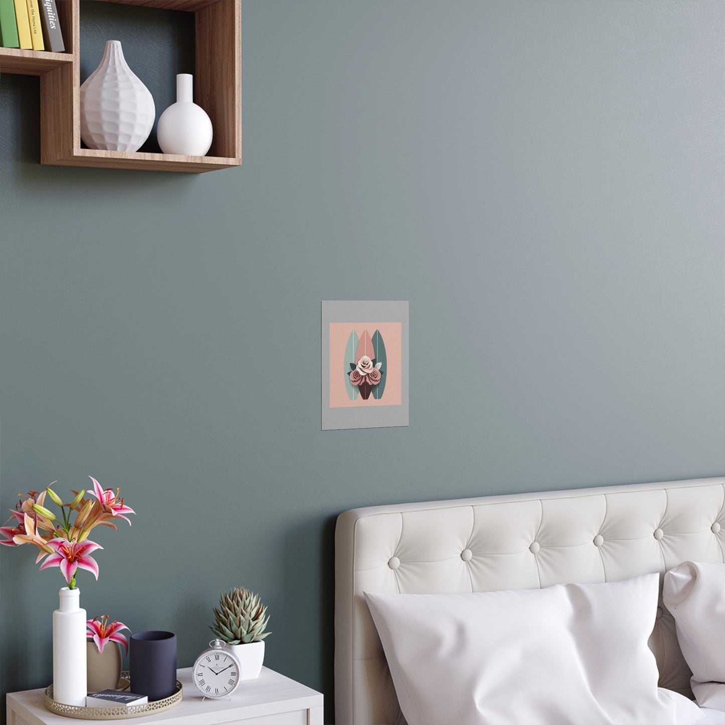 Elegant Floral Silk Poster - Indoor/Outdoor Wall Art for Home Decor - Burgundy, Matte Mauve & Teal Surfboard & Roses