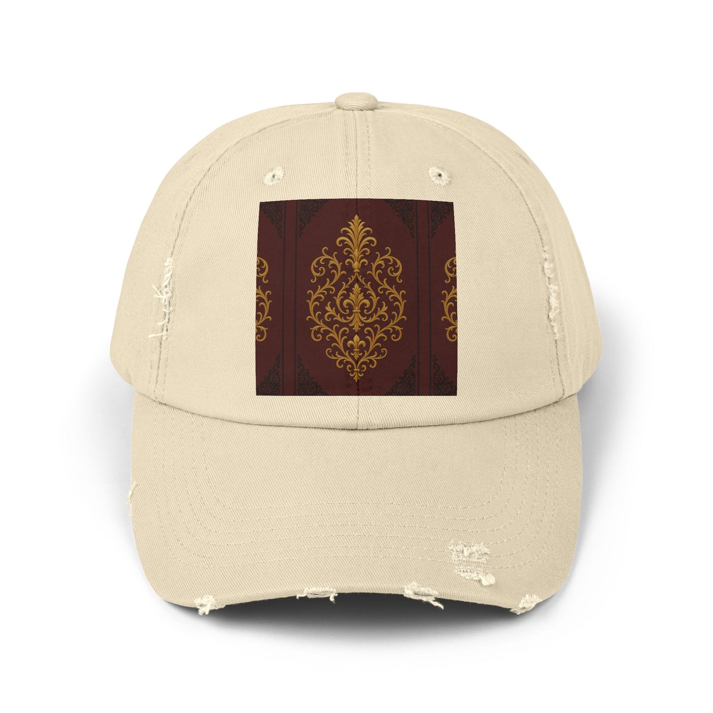 Dusk Burgundy-Black & Gold Baroque Distressed Black Cap with Vintage Gold Baroque Panel – Elegant Retro Baseball Hat