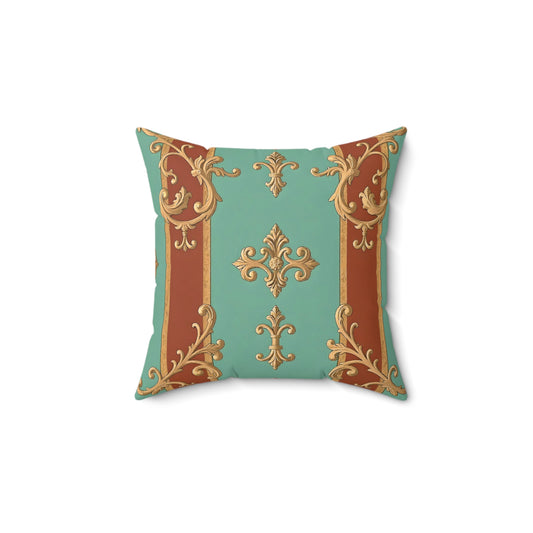 Elegant Faux Suede Square Pillow with Ornate Design, Vintage Home Decor, Luxurious Cushion - Rust & Mint Aqua Striped Baroque