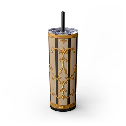 Skinny Tumbler with Straw, 20oz - Beige Striped Gold Rococo