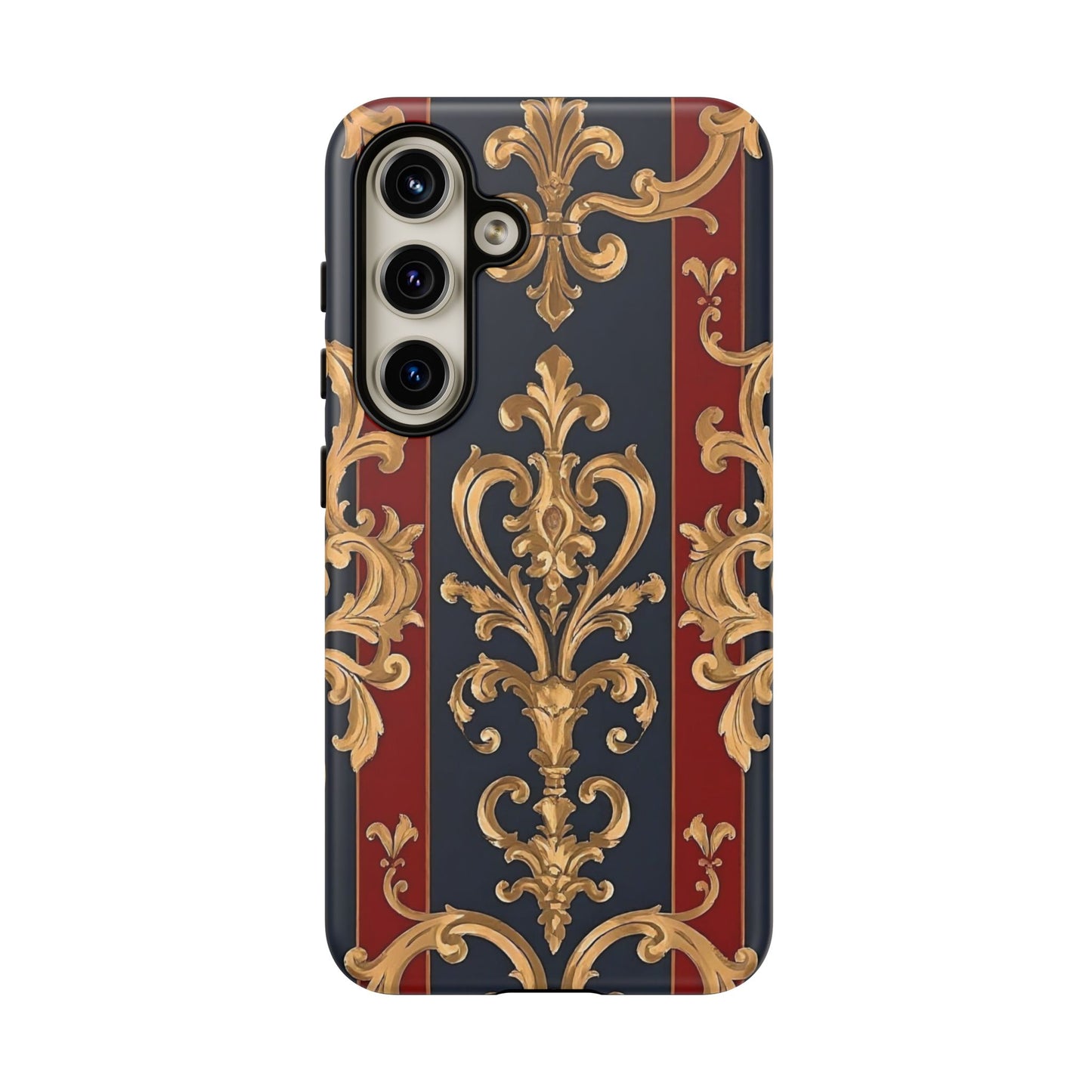 Elegant Floral Motif Phone Case - Tough Cases with Vintage Design - Midnight Blue & Dusk Red Striped Gold Damask