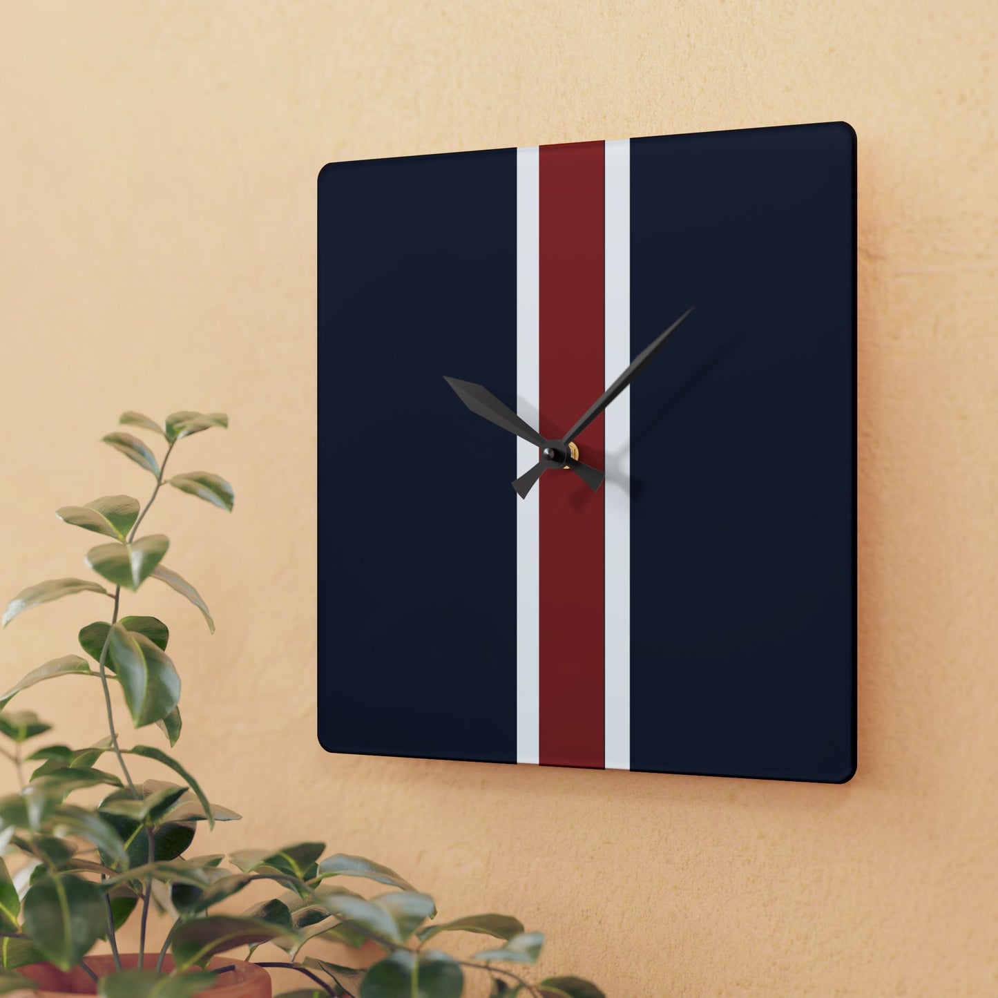 Lunar Midnight & Red-White Striped Acrylic Wall Clock, Modern Home Decor, Minimalist Office Timepiece, Gift for Him, Stylish Wall Art