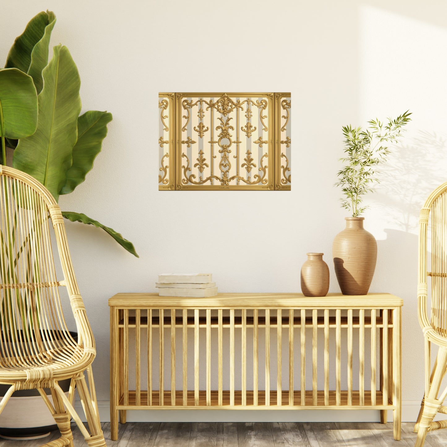 Elegant Ornate Foam Board Art - Luxury Wall Décor, Home Decoration, Versatile Display Board - Matte Gray & Cream Striped Gold Baroque